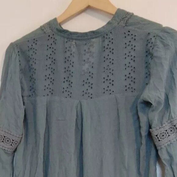 Knox Rose Teal Hi-Low Gauze Tunic Crochet Lace Yoke Long Sleeves S Boho - Picture 5 of 6